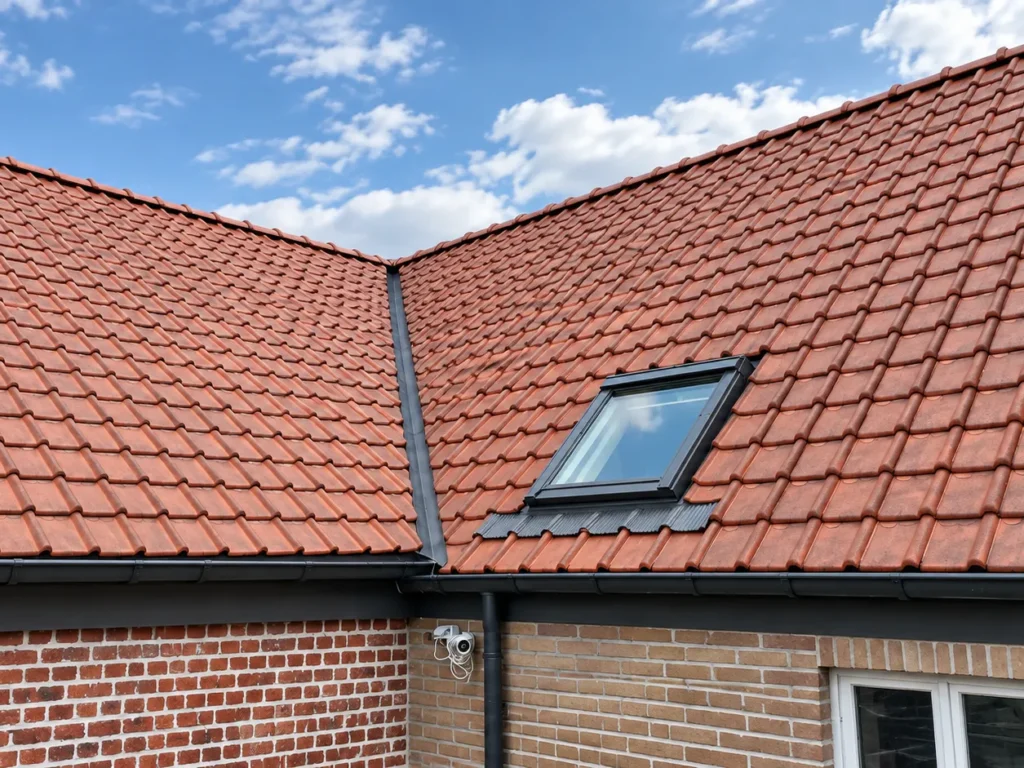 Dakrenovatie Geraardsbergen: rode dakpannen met een nieuw dakraam en kilgoot