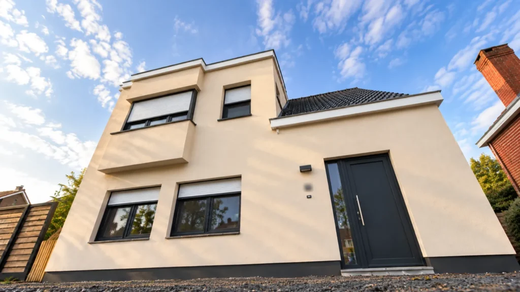 Gevelrenovatie Evergem: de voorgevel met de nieuwe lichte afwerking