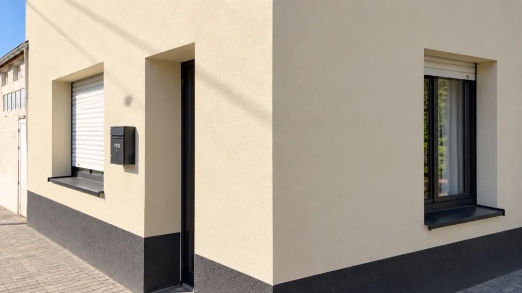Gevelrenovatie Haaltert: detail van de hoek met de donkere plint