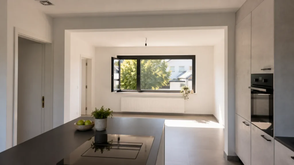 Totaalrenovatie Latem: het kookeiland met zicht op de leefruimte