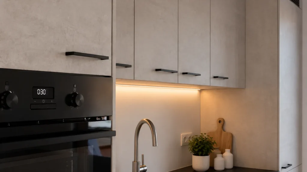 Totaalrenovatie Latem: detail van de nieuwe keuken met inbouwoven